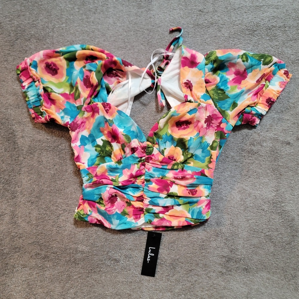 Lulus Women's Short Sleeve Blouse Colorful Lattice Floral Pattern Size XS